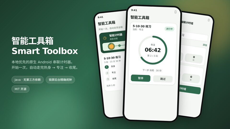 智能工具箱界面拼贴：首页计时组、运行中圆形进度盘、编辑串联步骤